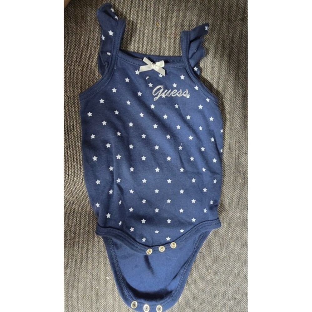 Baby Guess Navy‎ Blue Star Print Ruffle Strap Bodysuit 12M Silver Logo